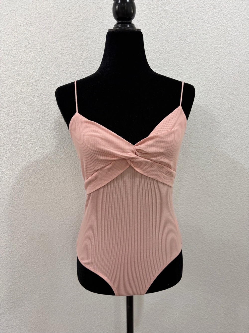 Blush Pink Twist-Front Ribbed Bodysuit